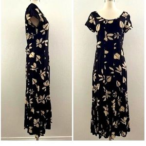 Vintage Jams World Floral Tie Waist Maxi Dress Tropical Hawaiian Black Medium
